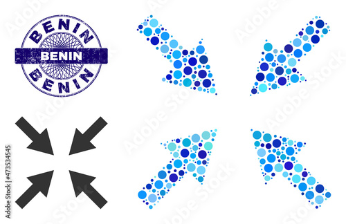 Round dot combination compress arrows icon and BENIN round rubber seal. Blue seal includes BENIN text inside circle and guilloche decoration. Vector collage is based on compress arrows symbol,