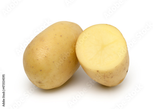 raw potatoes and half isolated on white background, with clipping path..