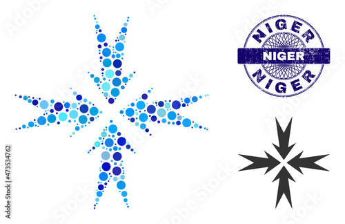 Circle collage compression arrows icon and NIGER round grunge stamp. Blue stamp includes NIGER title inside circle and guilloche technique. Vector collage is based on compression arrows symbol,