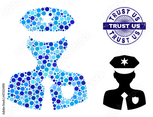 Circle combination constable icon and TRUST US round grunge seal. Blue stamp seal includes TRUST US title inside circle and guilloche pattern. Vector mosaic is based on constable icon,