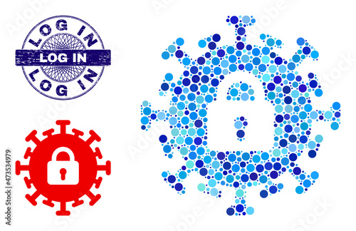 Round dot collage contagious lockdown icon and LOG IN round unclean seal. Blue seal includes LOG IN caption inside circle and guilloche technique. Vector collage is based on contagious lockdown icon,