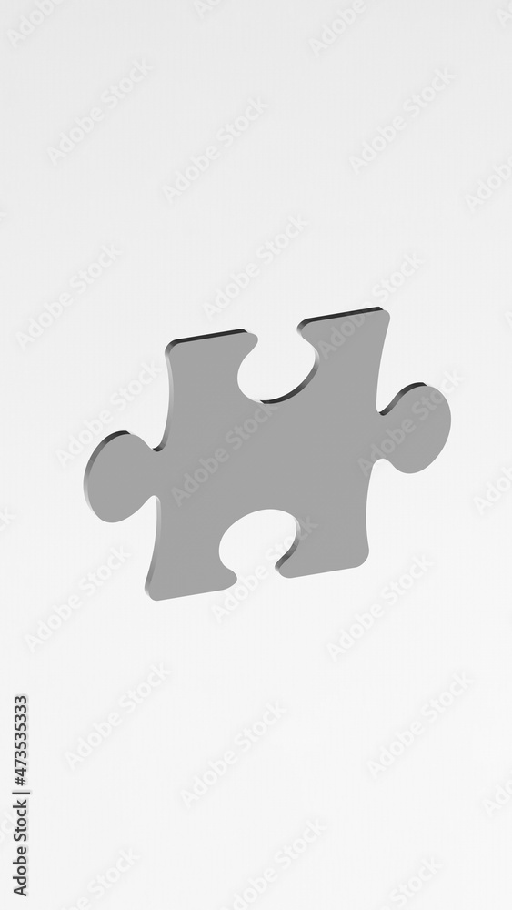 puzzle element on white background. puzzle is metal. close-up puzzle. Vertical image. 3D rendering. 3D image. puzzle element on white background. puzzle is metal. close-up puzzle. Vertical image. 3D rendering. 3D image.