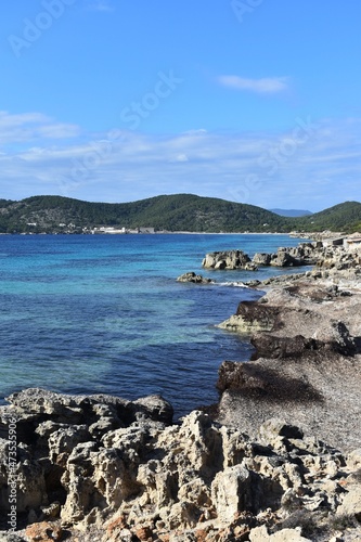 Cuadro en lienzo Rocks, the sea, mountains on the coast of Ibiza, Les Salines Natural Park