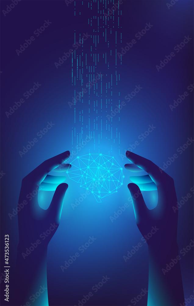 Obraz premium Hands holding a levitating neural network in the form of a brain, which receives the world's information flows. Vector template for a vertical banner.