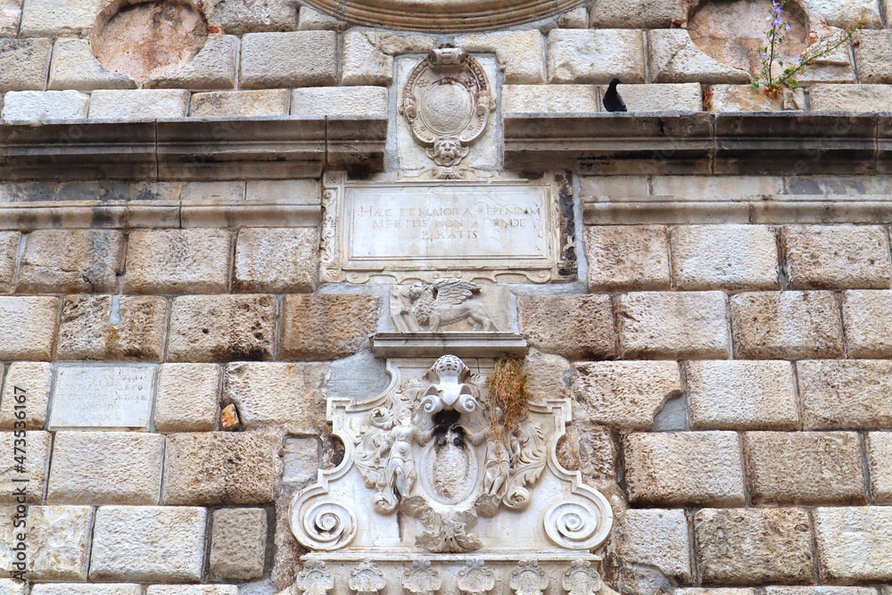 Architectural details  of historical buildings in Old Town in Kotor, Montenegro