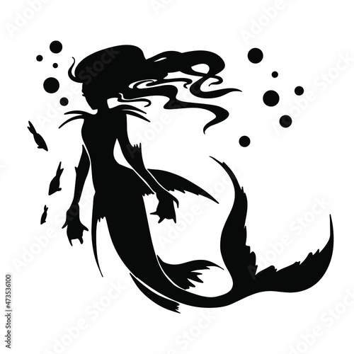 Silhouette of a mermaid with flowing hair and bubbles