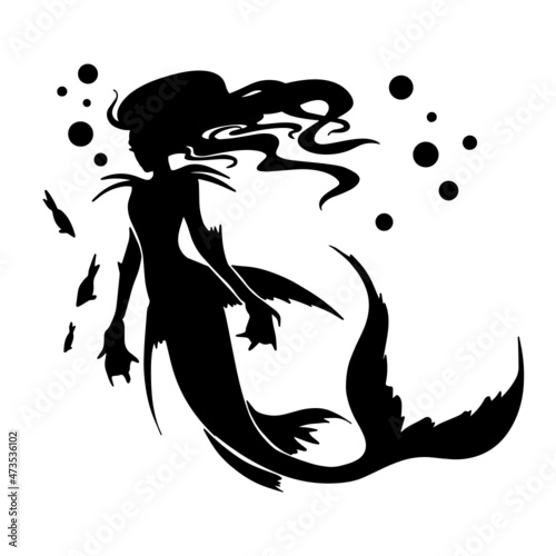 Silhouette of a mermaid with flowing hair and bubbles