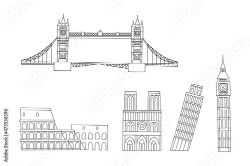 Vector line hand drawn illustration with famous world landmarks. Isolated on white background