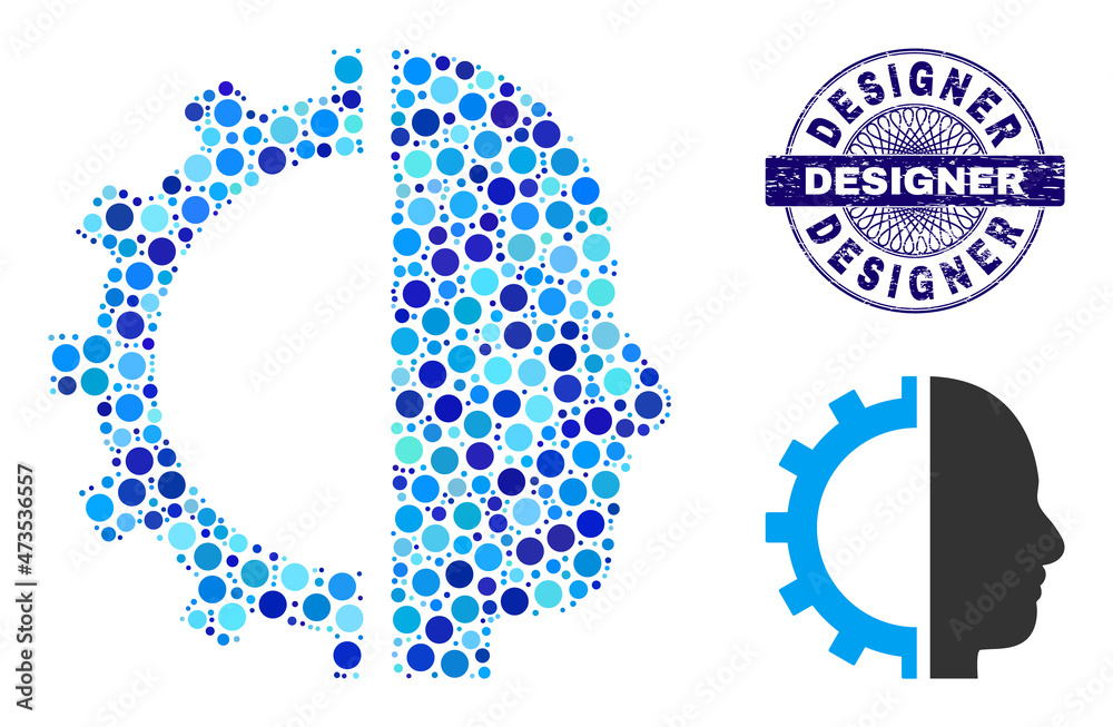 Round dot combination cyborg gear icon and DESIGNER round unclean stamp print. Blue stamp includes DESIGNER tag inside circle and guilloche ornament. Vector collage is based on cyborg gear icon, Round dot combination cyborg gear icon and DESIGNER round unclean stamp print. Blue stamp includes DESIGNER tag inside circle and guilloche ornament. Vector collage is based on cyborg gear icon,