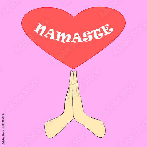 easy-to-edit vector illustration of hands folded in the namaste greeting pose, red heart