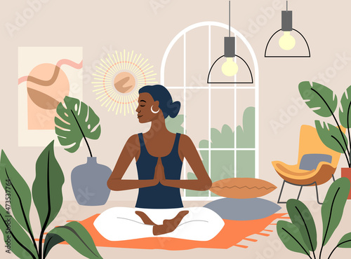 Woman doing yoga exercises and practicing meditation vector. Female character in home interior