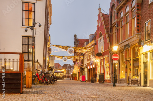 View at the entrance of the Roode Steen city center square with christmas decoration in the Dutch city of Hoorn, The Netherlands