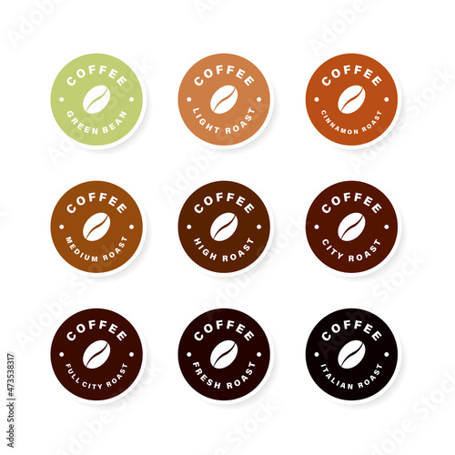 Set of coffee roast level labels with shadow isolated on white background. Vector illustration