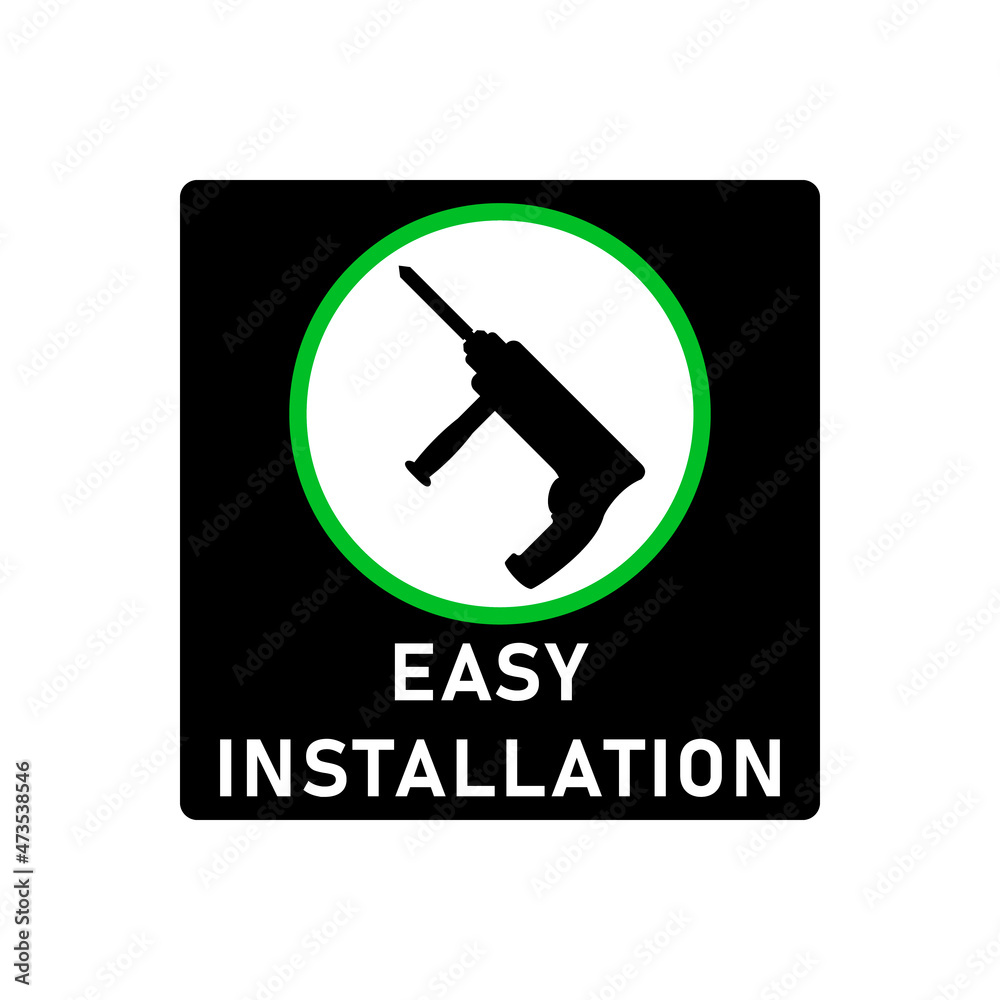 Easy simple installation icon with power drill symbol in circle. Round and square shape. Isolated vector illustration, clipart, sign. Design template for website elements, sticker, tag and other use. Easy simple installation icon with power drill symbol in circle. Round and square shape. Isolated vector illustration, clipart, sign. Design template for website elements, sticker, tag and other use.
