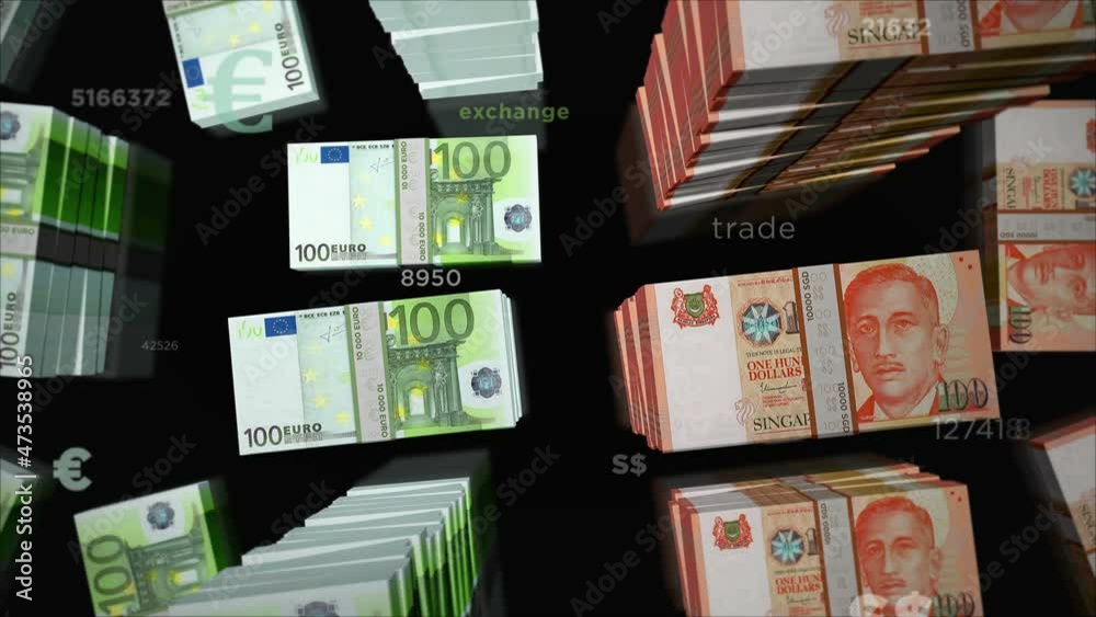 Euro and Singapore Dollar money exchange. Paper banknotes pack bundle. Concept of trade, economy, competition, crisis, conflict, rivalry and finance. Notes loopable seamless 3d animation.