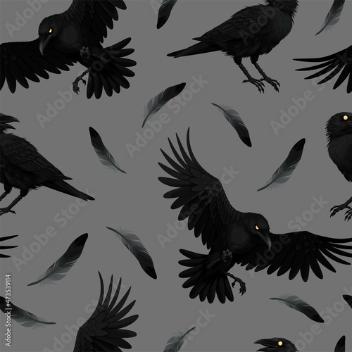 Vector seamless pattern with raven and feathers