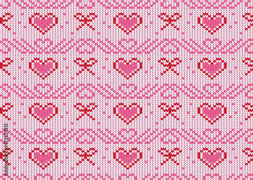 Knitted seamless vector pattern with hearts and bow-knots