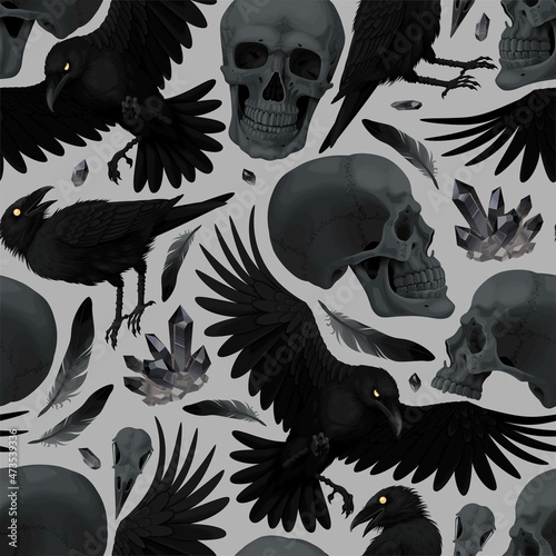 Vector seamless pattern with ravens and skulls