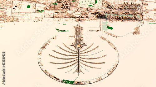 Satellite map of Dubai, United Arab Emirates, city streets. Palaces, buildings. 3d rendering. Palm Islands. Palm Jumeirah. Street map and city center map.
