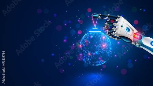 Merry Christmas and New Year Background in modern technology style. Christmas decoration in cyborg arm. Robot hand decoration christmas tree. AI or artificial intelligence greets the new year. Banner