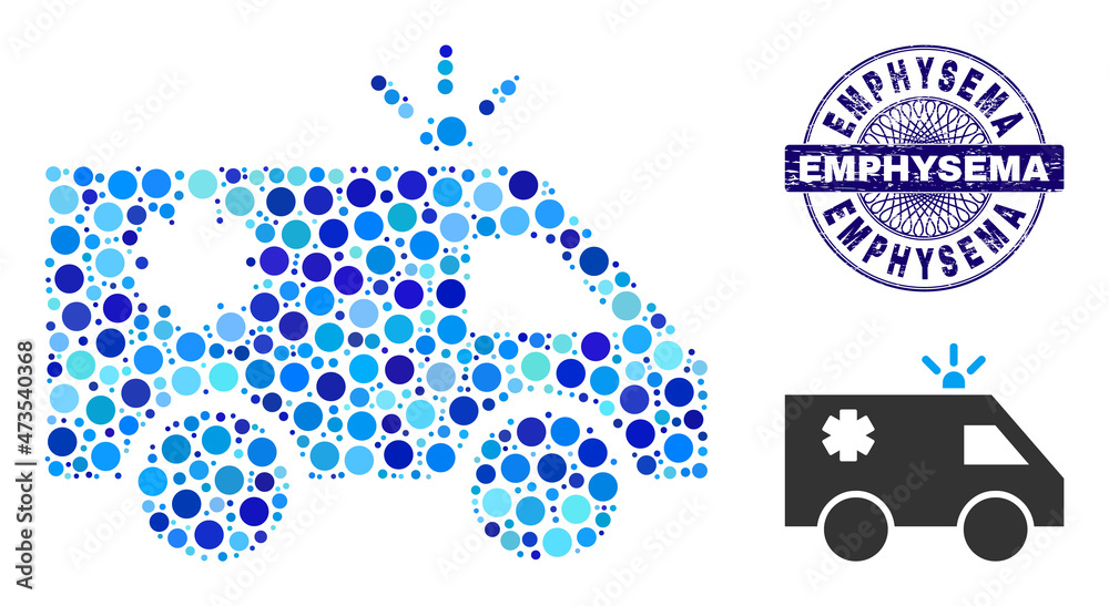 Round dot composition emergency car icon and EMPHYSEMA round dirty stamp seal. Blue seal includes EMPHYSEMA text inside circle and guilloche style. Vector mosaic is based on emergency car icon,