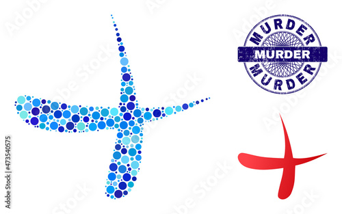 Circle composition erase icon and MURDER round unclean stamp seal. Blue stamp seal includes MURDER tag inside circle and guilloche pattern. Vector mosaic is based on erase symbol,