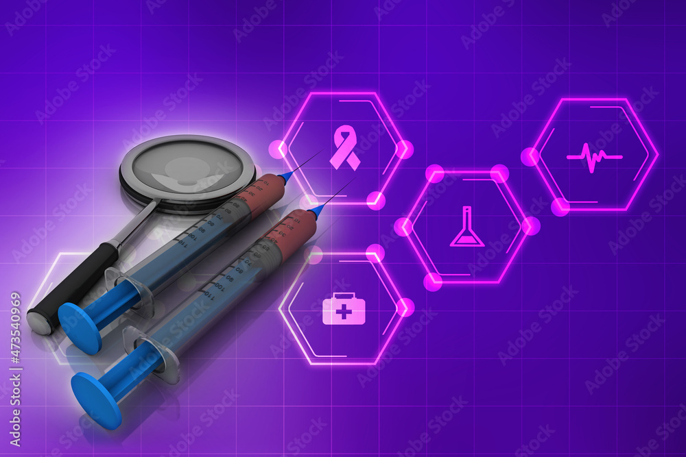3D illustration Syringe with needle near lens 3D illustration Syringe with needle near lens