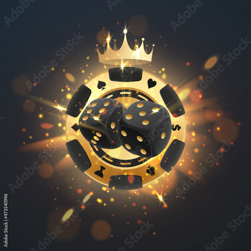 Golden poker chip and black dices with gold light, rays, glare, sparkles and crown and letters, logo casino on black. Vector illustration for card, casino, game design, advertising.
