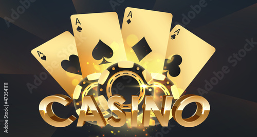 Photography Golden logo casino with tree gold and black poker chips, tokens, and playing cards with reflection and lights