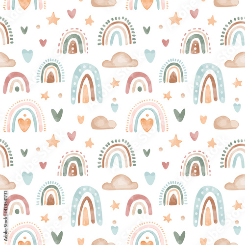 Vector watercolor childish boho pattern with rainbows