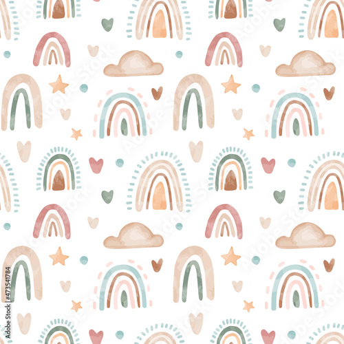Vector watercolor childish boho seamless pattern with rainbows