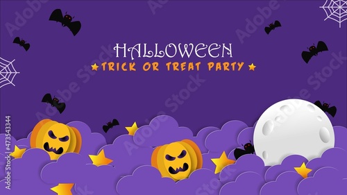 Happy Halloween banner or party invitation background with night clouds and pumpkins in paper cut style. Vector illustration. Full moon in the sky, spiders web and flying bats. Place for text