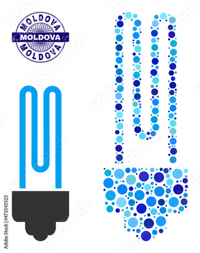 Round dot composition fluorescent bulb icon and MOLDOVA round scratched stamp imitation. Blue stamp seal includes MOLDOVA title inside circle and guilloche decoration.