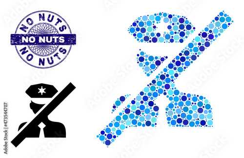Circle mosaic frorbidden police officer icon and NO NUTS round rubber stamp imitation. Blue stamp includes NO NUTS tag inside circle and guilloche decoration.