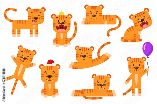Fototapeta Naklejka Na Ścianę i Meble -  Set of little cartoon tigers in different poses and scenes. Cute wild animal in flat style. Symbol of the Chinese New Year. Simple illustration for baby clothes design, food packaging for kids.