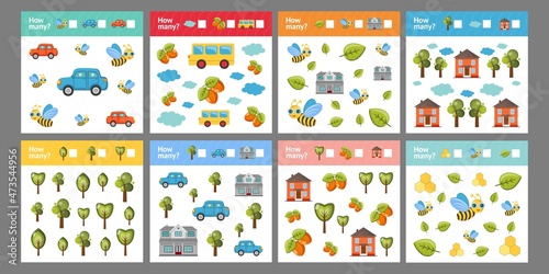 Counting Games for Children cards set. Bright vector illustration. How many? Car, house, bee, tree, bus