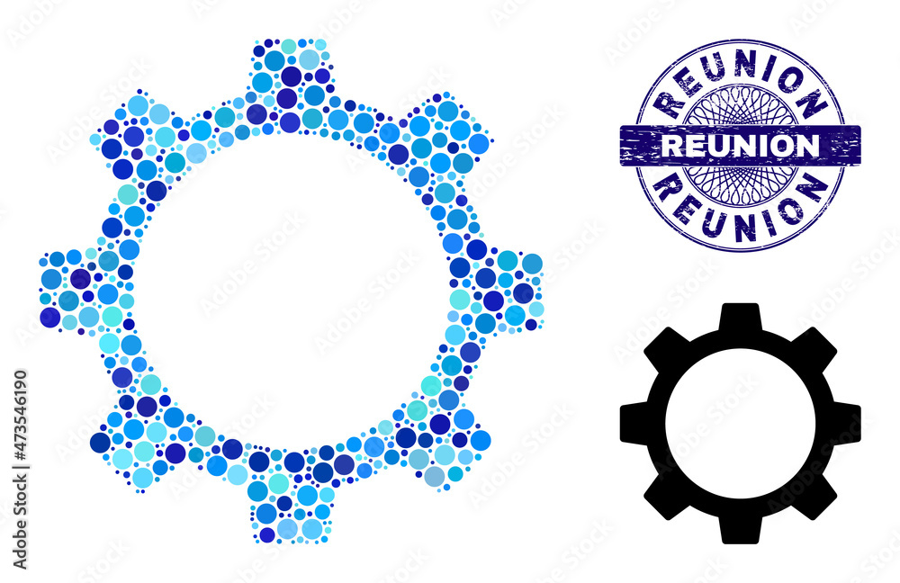 Round dot collage gear wheel icon and REUNION round scratched seal ...