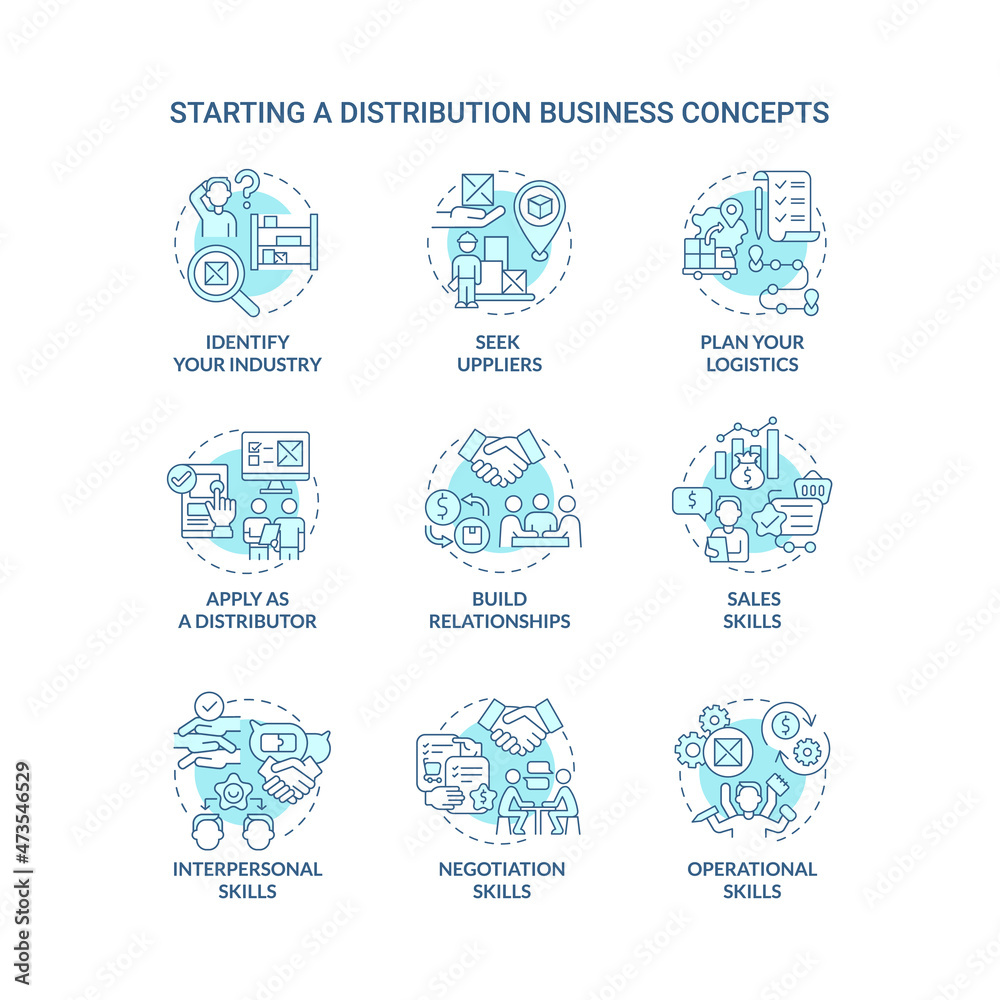 Starting distribution business turquoise blue concept icons set. Entrepreneurship startup development. Wholesale trading company idea thin line color illustrations. Vector isolated outline drawings