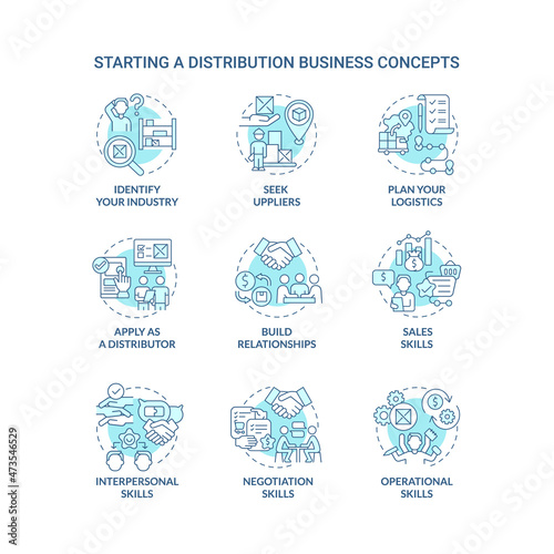 Starting distribution business turquoise blue concept icons set. Entrepreneurship startup development. Wholesale trading company idea thin line color illustrations. Vector isolated outline drawings