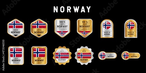 Made in Norway Label  Stamp  Badge  or Logo. With The National Flag of Norway. On platinum  gold  and silver colors. Premium and Luxury Emblem