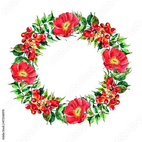 Watercolor red flowers on white background. Spring wreath.