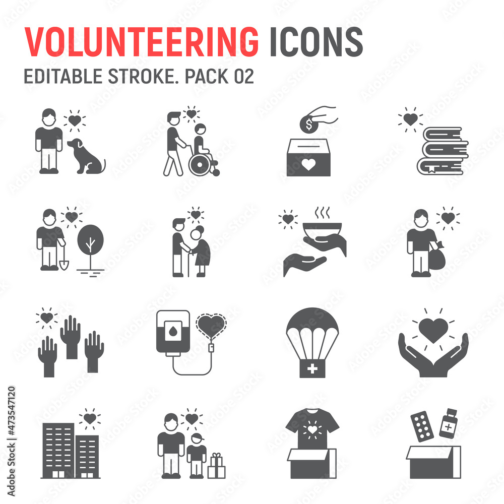 Volunteering glyph icon set, charity collection, vector graphics, logo illustrations, volunteering vector icons, humanitarian signs, solid pictograms, editable stroke Volunteering glyph icon set, charity collection, vector graphics, logo illustrations, volunteering vector icons, humanitarian signs, solid pictograms, editable stroke