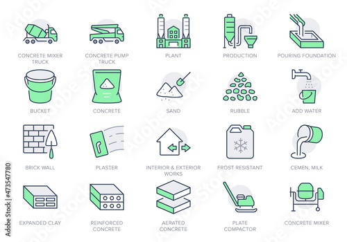 Concrete line icons. Vector illustration include icon - brick, construction, broken stone, spatula, mixer truck, putty outline pictogram for cement manufacturing. Green Color, Editable Stroke