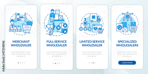 Types of distributors onboarding mobile app page screen. Distribution business walkthrough 5 steps graphic instructions with concepts. UI, UX, GUI vector template with linear color illustrations