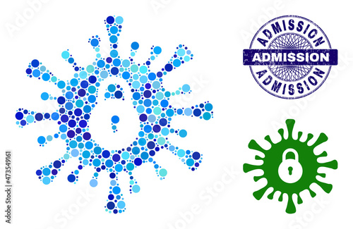 Circle collage infection lockdown icon and ADMISSION round grunge stamp seal. Blue stamp seal includes ADMISSION caption inside circle and guilloche technique.