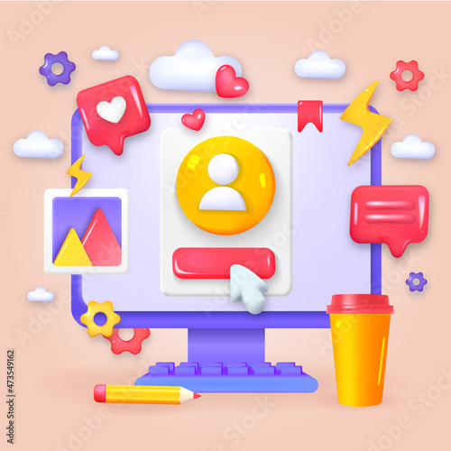Trendy vector 3D illustration. Social media platform. Digital Marketing, web analytics and marketing social media concept. Desktop monitor computer with messages, likes, settings icon.