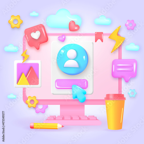 Desktop monitor computer. Creative concept idea, realistic design. Communication applications concept, emoji, webpage, settings icons, chat. 3d illustration