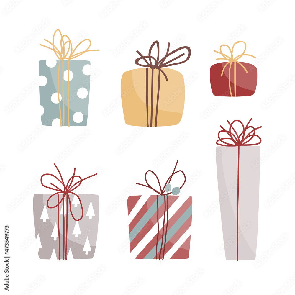 Christmas gift boxes clipart set. Doodle Xmas presents collection. Cozy winter design elements for srickers, logo, cards, posters, wrapping, scrapbooking. Vector illustration