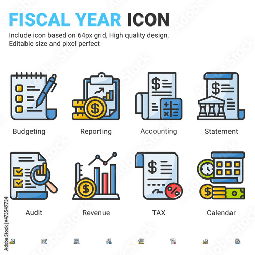 Fiscal year icon set with outline color style isolated on white background. Vector icon report, tax, statement, revenue sign symbol concept for business finance company and corporate. Editable stroke