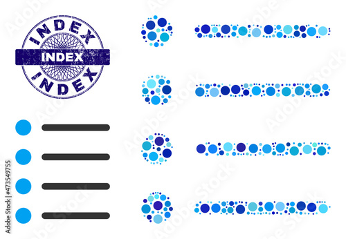 Round dot collage items icon and INDEX round scratched seal. Blue stamp seal includes INDEX text inside circle and guilloche decoration. Vector collage is based on items icon,
